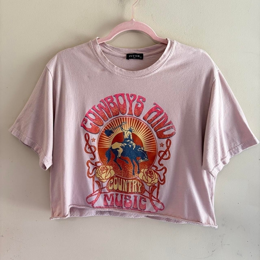 ZUTTER Cowboys & Country Music Pink Cropped Graphic Boxy Tee, Large